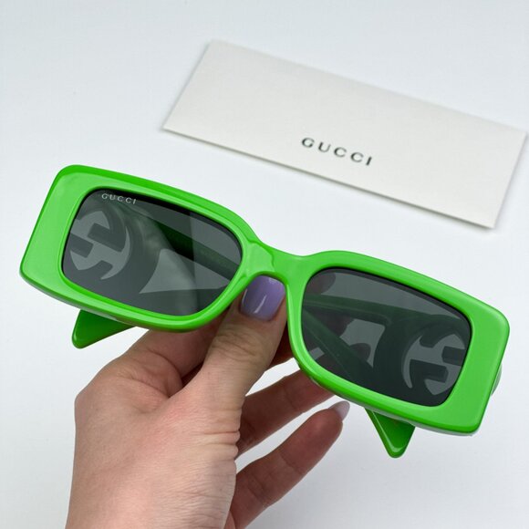 Gucci GG1325S 009 BRAND NEW Sunglasses Acid Green Grey Rectangle Unisex - Picture 3 of 12